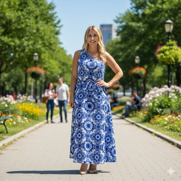 Talbots Blue and White One Shoulder Maxi Dress - Picture 5 of 10